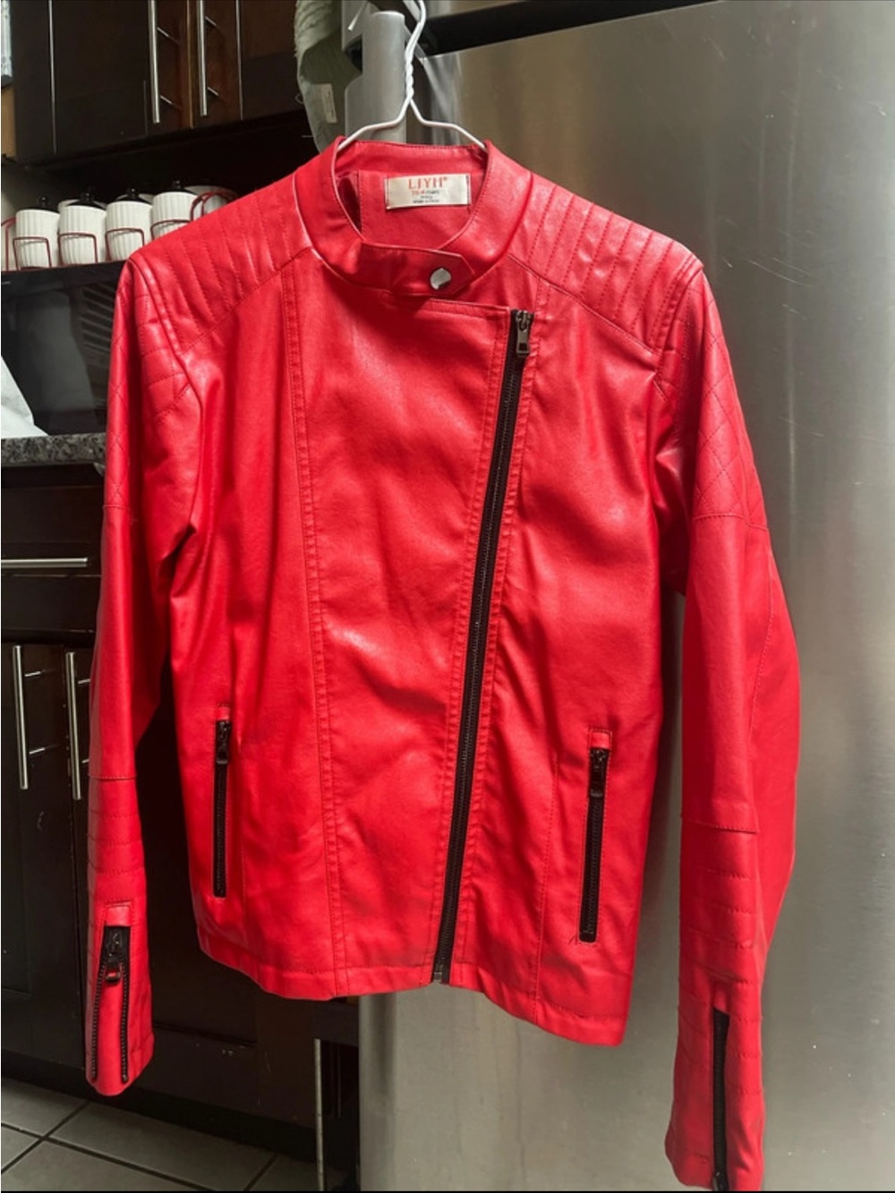 Red Faux Leather Asymmetrical Moto Jacket